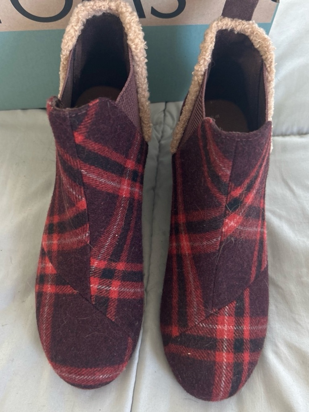 Toms Red and Burgundy Plaid Wool Ankle Booties